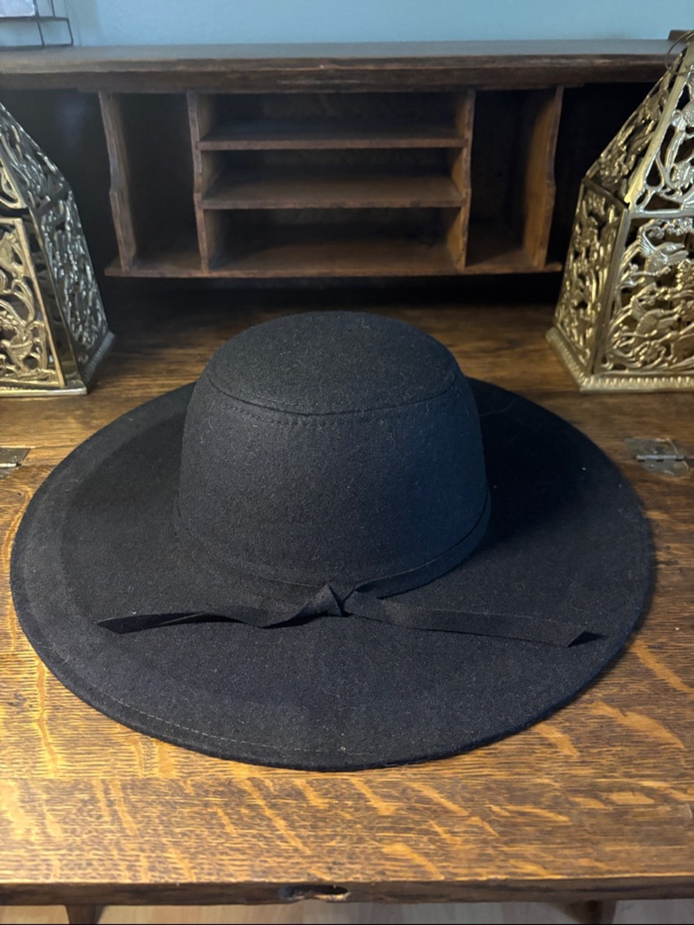 Leith Black Wide-Brim Felt Fedora with Ribbon